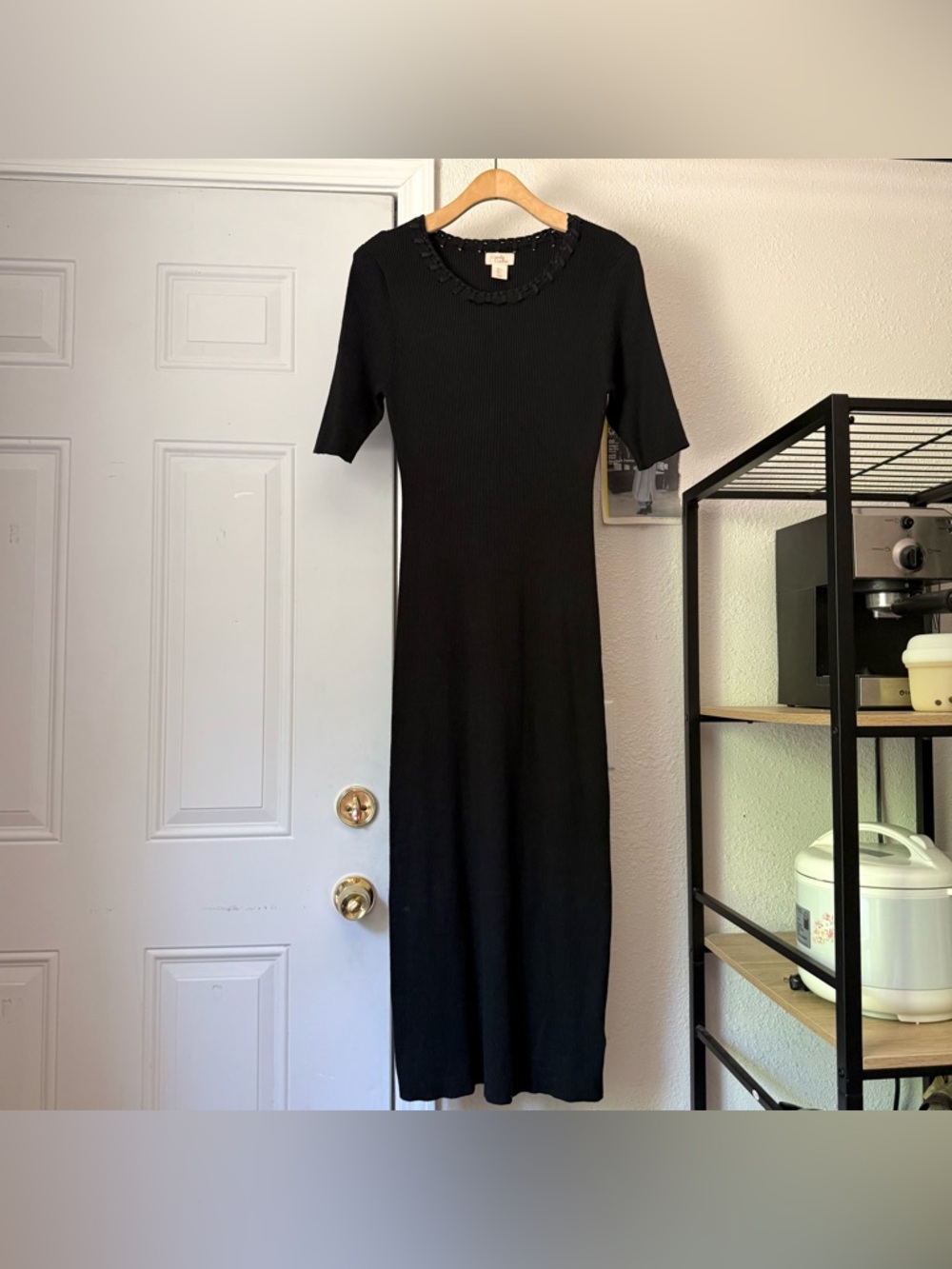CAMILA COELHO black short sleeve crew neck bodycon rib ribbed midi maxi dress